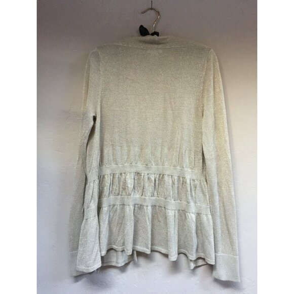Cache Women Medium Metallic Open Front Peplum Cardigan Sweater Beige Lightweight - Picture 2 of 6